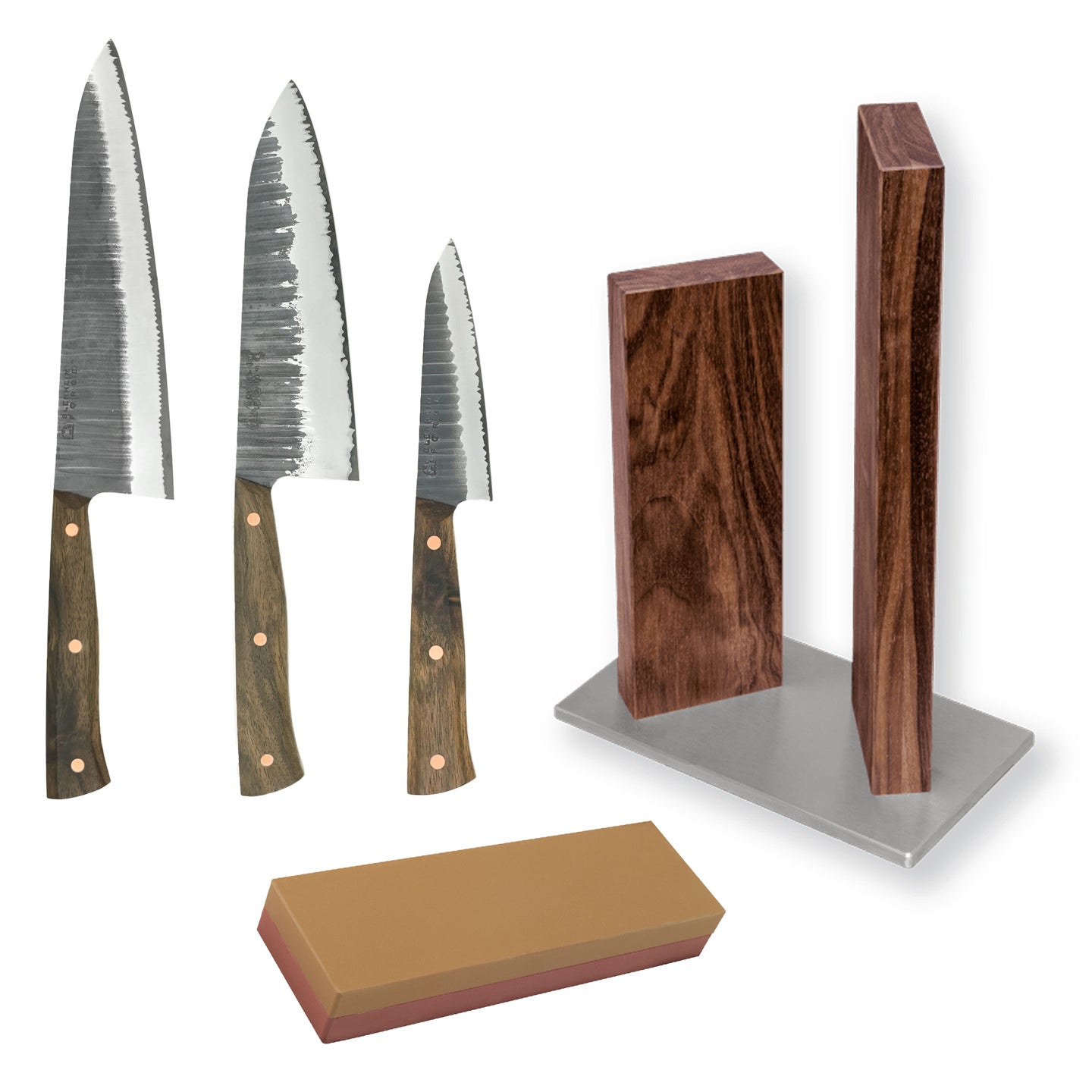 Blenheim Forge Full Tang 3 Knife, Whetstone and Walnut Block Set ...
