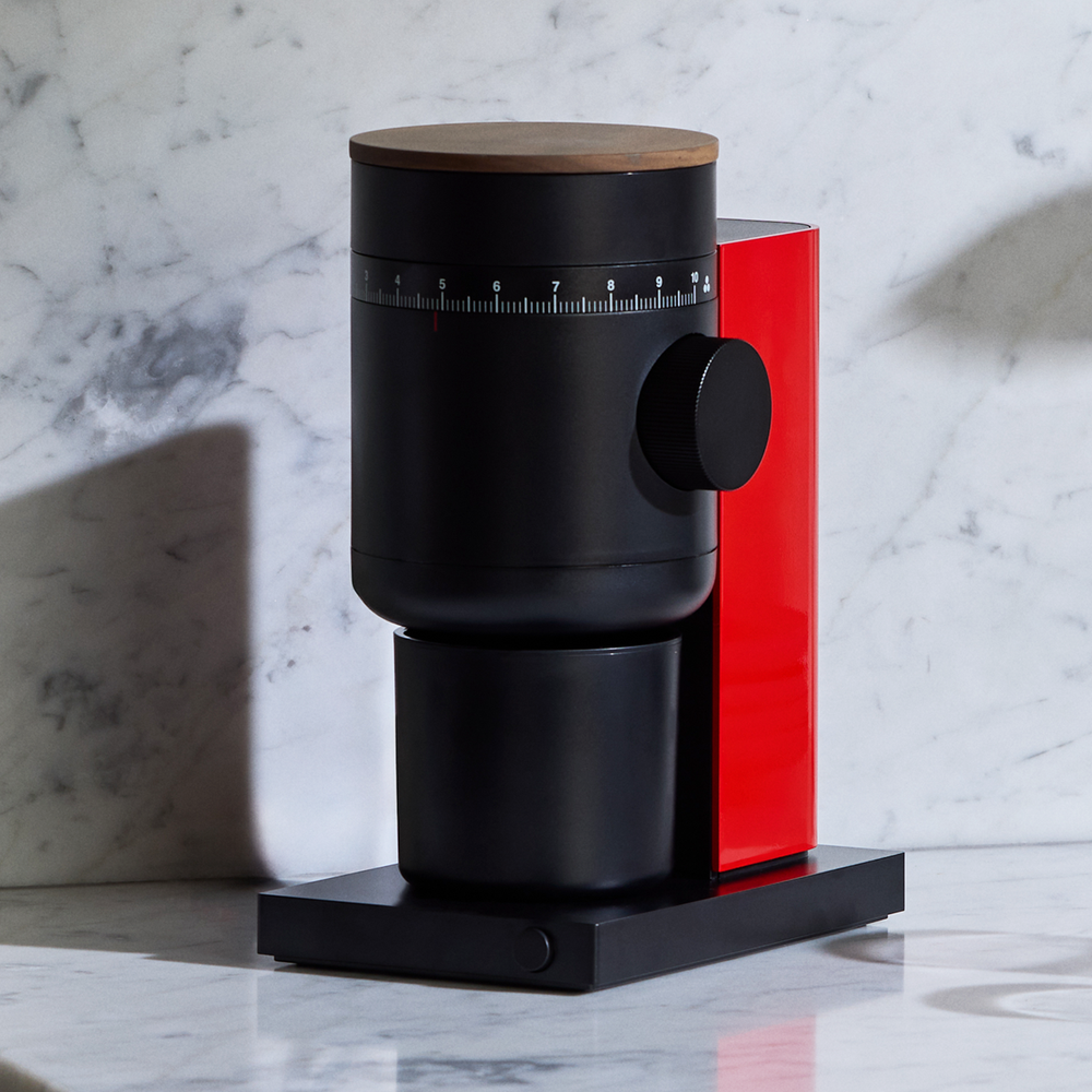 Fellow Opus 2 Conical Burr Coffee Grinder / Cherry Red & Walnut