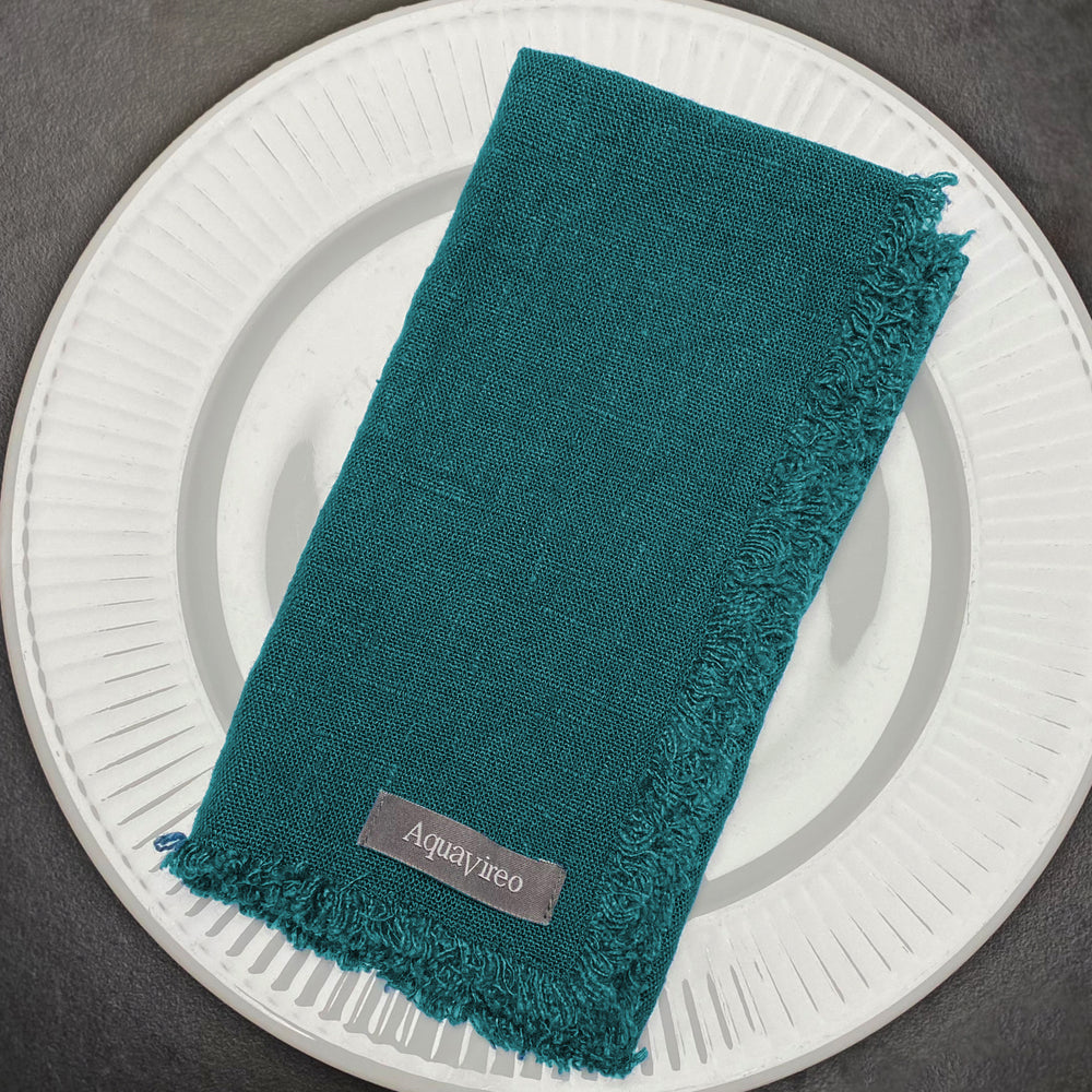 Fringed Linen Napkins / Pack of 4 / 47x47cm / Teal