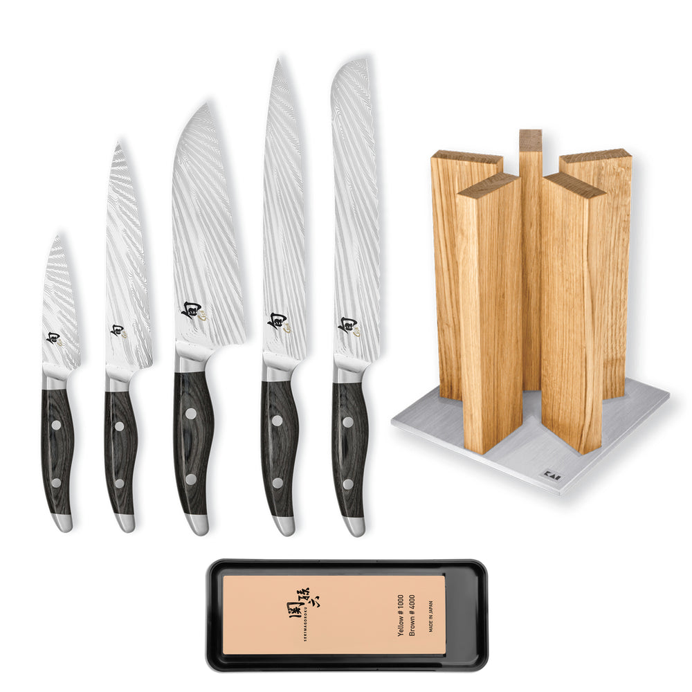Kai Shun Nagare 5 Knife, Whetstone and Block Set / Oak Block