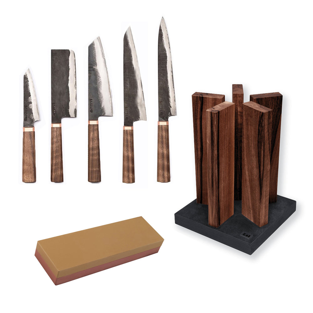 Blenheim Forge Original 5 Knife, Whetstone and Walnut Block Set