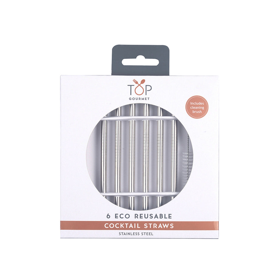Stainless Steel Cocktail Straws 6 Piece Set w / Cleaning Brush **
