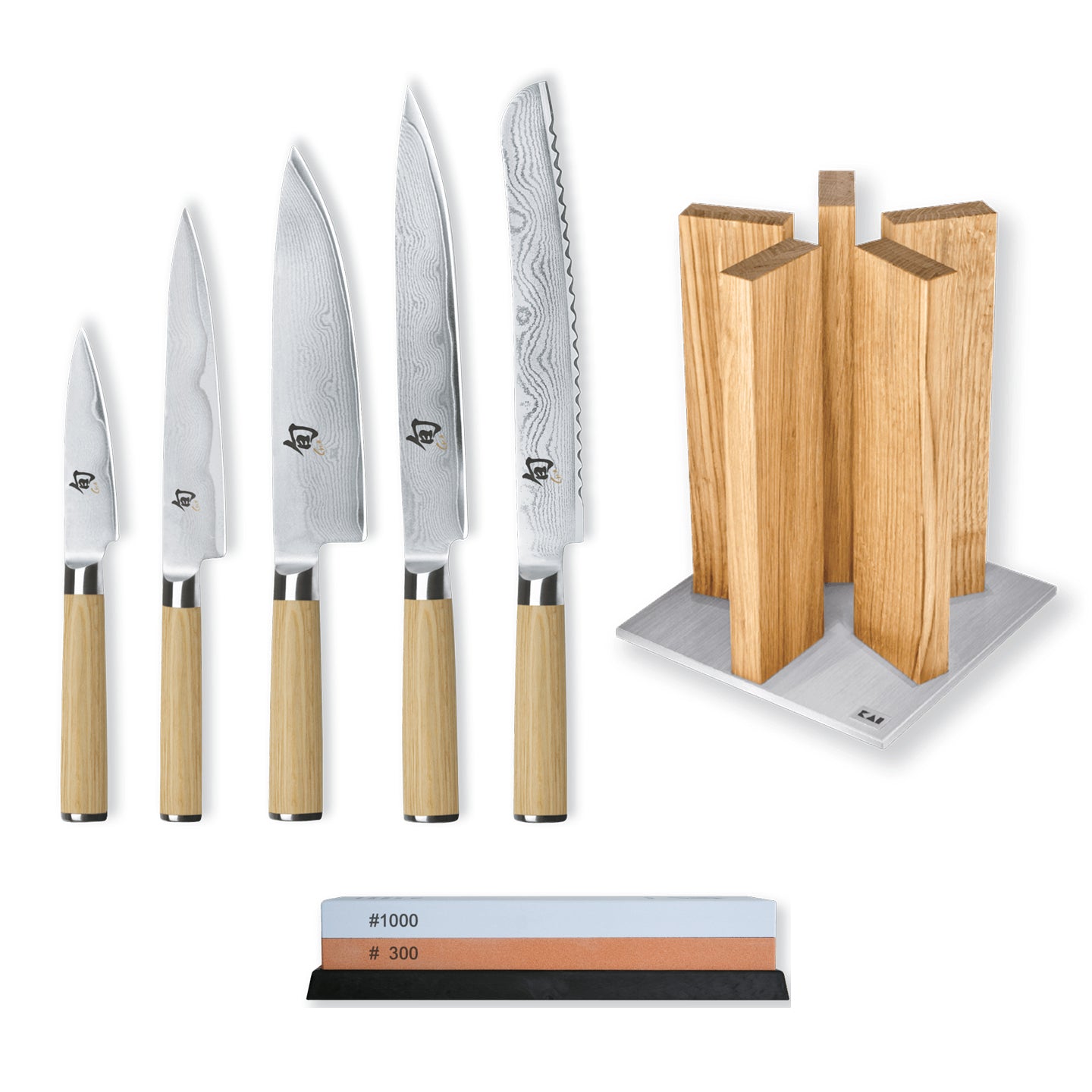 Kai Shun Classic White 5 Knife, Whetstone and Block Set / Oak Block