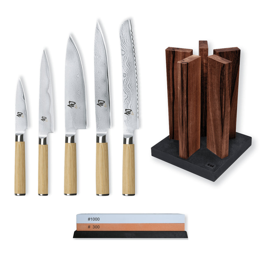 Kai Shun Classic White 5 Knife, Whetstone and Block Set / Walnut Block