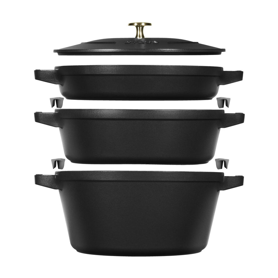 Cast iron Cocotte cooking pot, with steam cooking accessory, 26 cm/5.2L,  Black - Staub