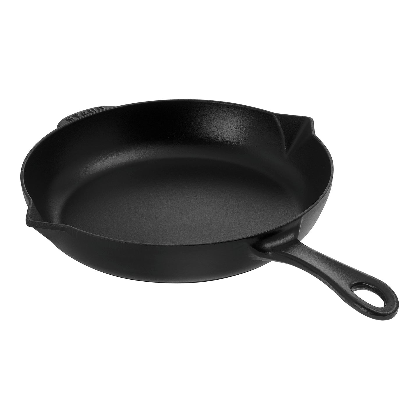 A black enamelled cast iron frying pan with two pouring spouts.
