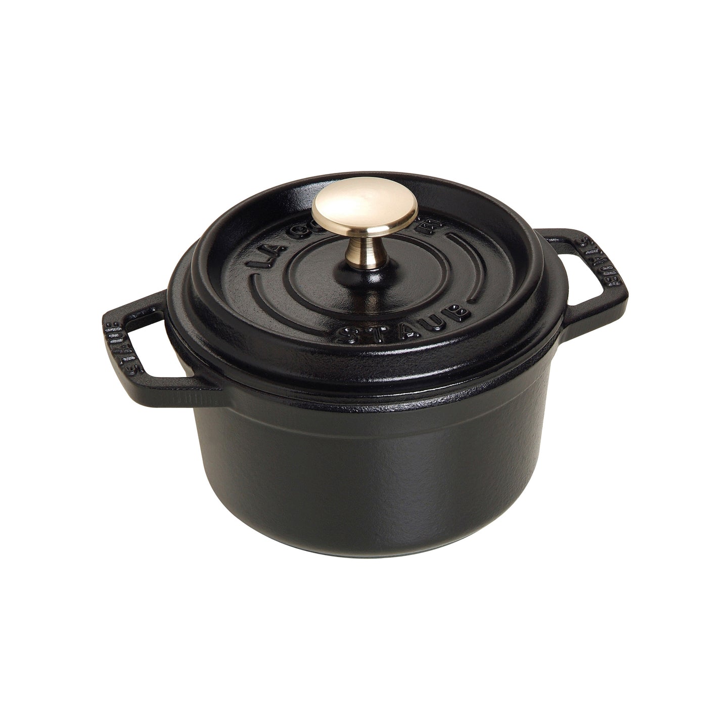A black enamelled cast iron cocotte with a lid.