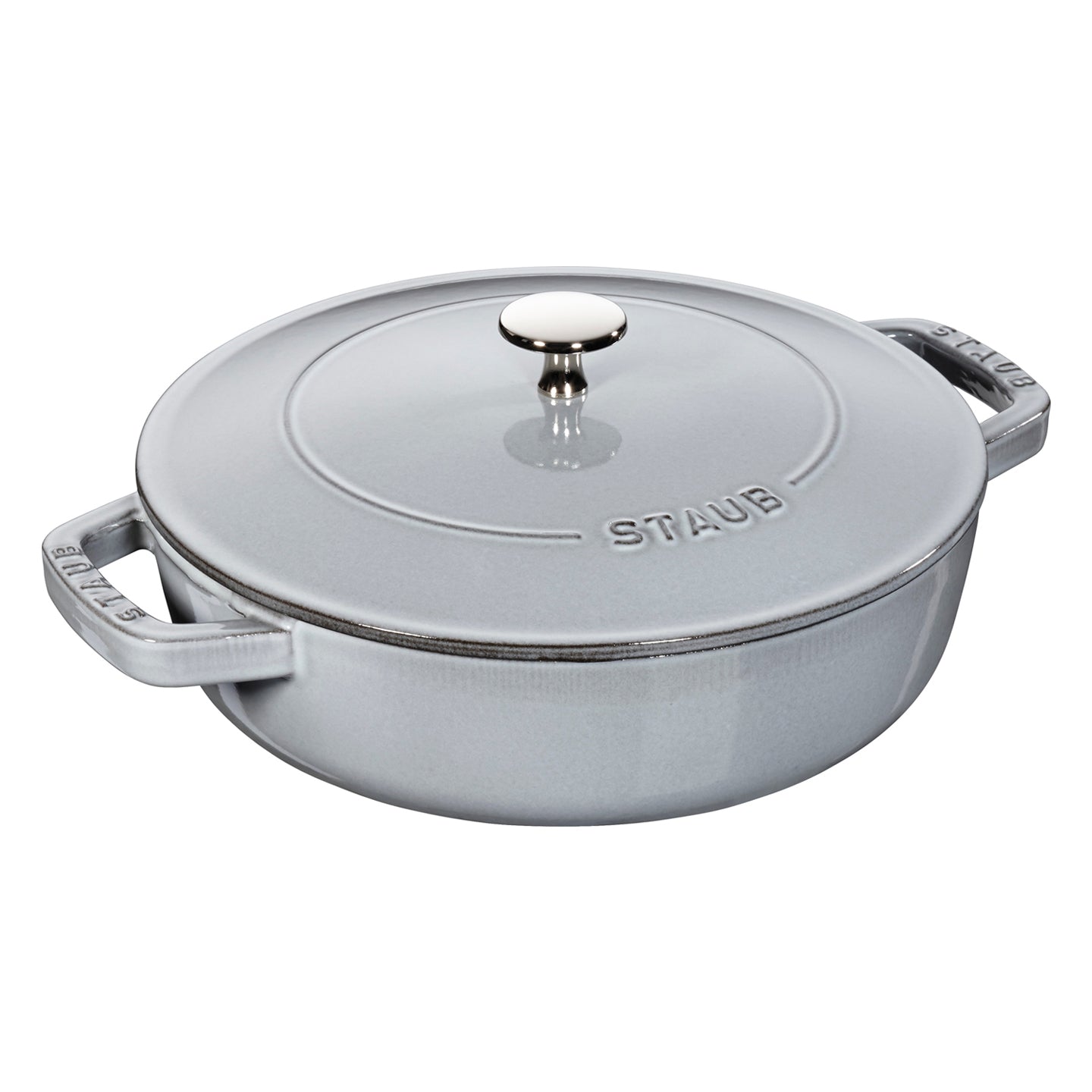 A grey enamelled cast iron saute pan with a lid.